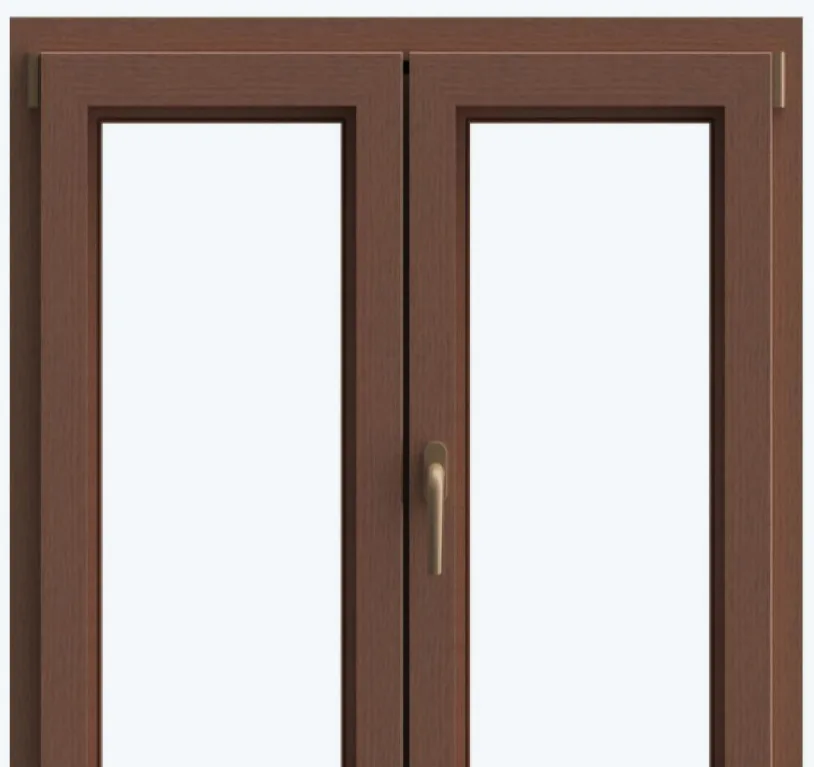 Finestra in PVC a due ante con finitura effetto legno noce e martellina in tinta