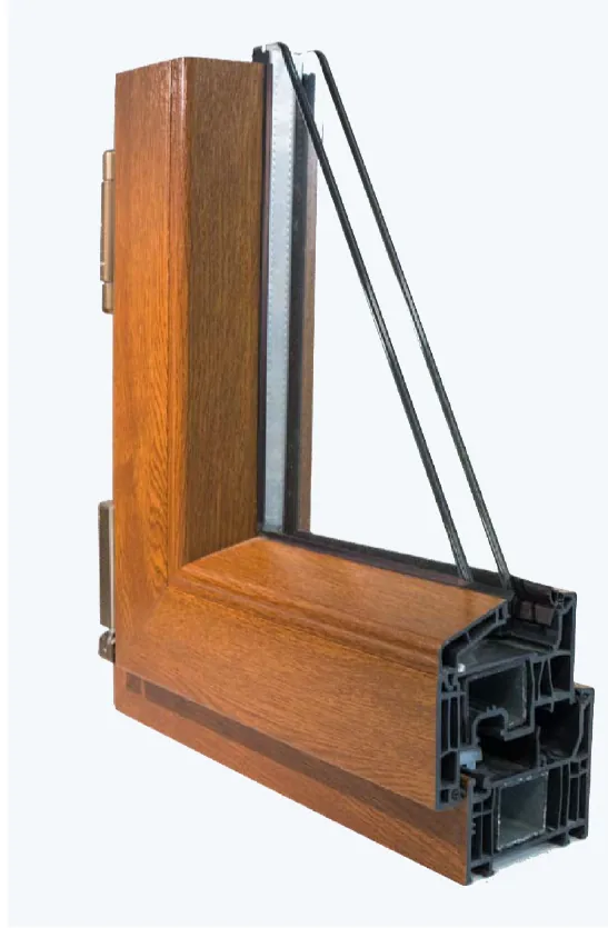 Sezione del serramento in PVC effetto legno con fermavetro arrotondato