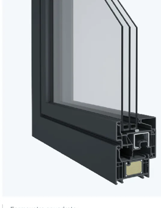 Sezione del serramento in PVC con fermavetro squadrato e vetrocamera